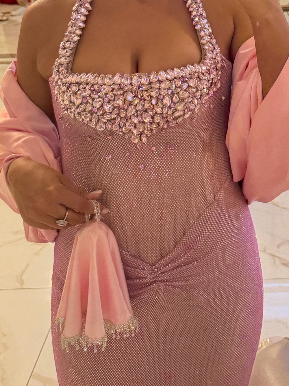 Sparkling Pink Halter Evening Gown - Picture 3 of 8